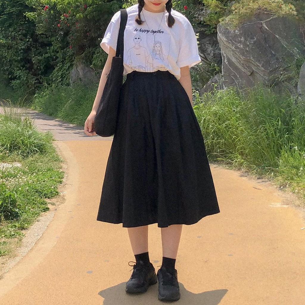 SKIRT - Váy dài vải Kaki lưng thun kèm khoá kéo