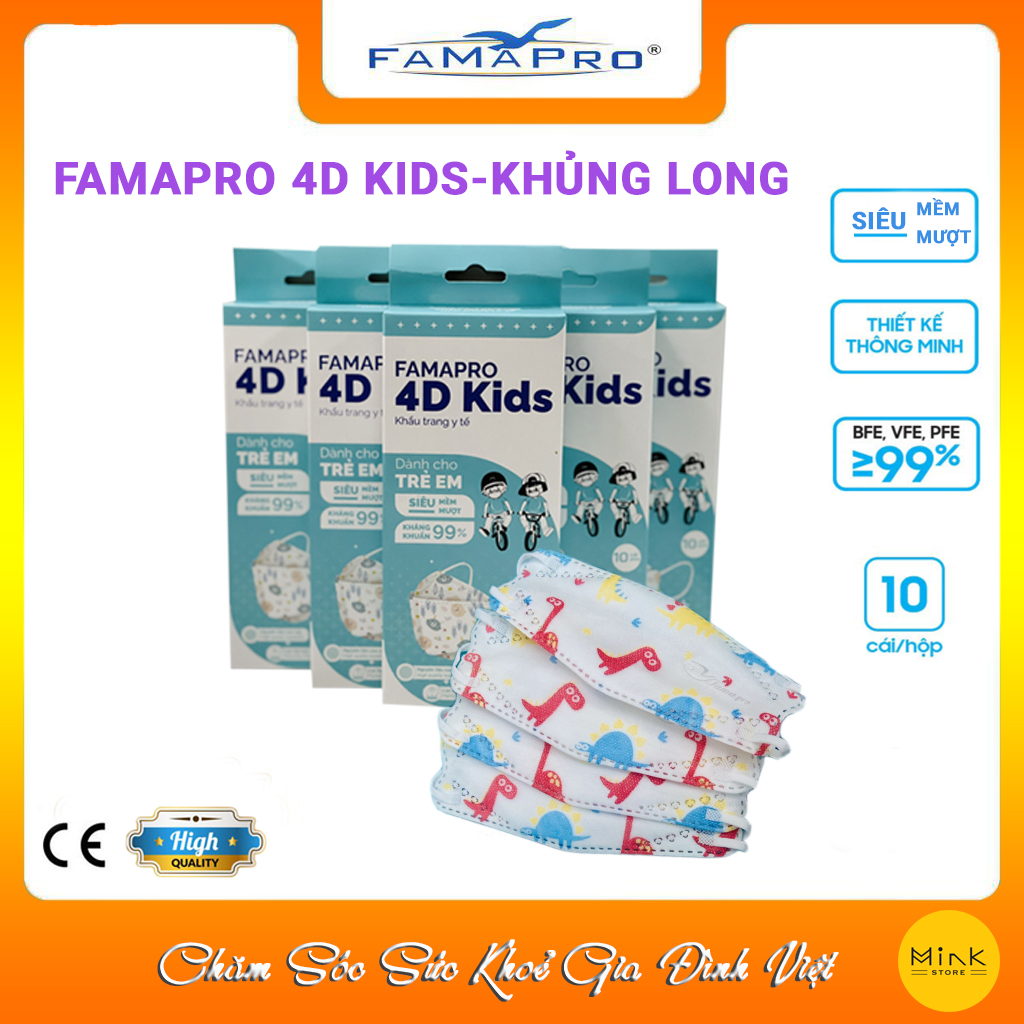 HỘP – FAMAPRO 4D KIDS – Khẩu trang trẻ em kháng khuẩn cao cấp Famapro 4D KIDS tiêu chuẩn KF94 10 cái hộp – KHỦNG LONG – COMBO 10 HỘP