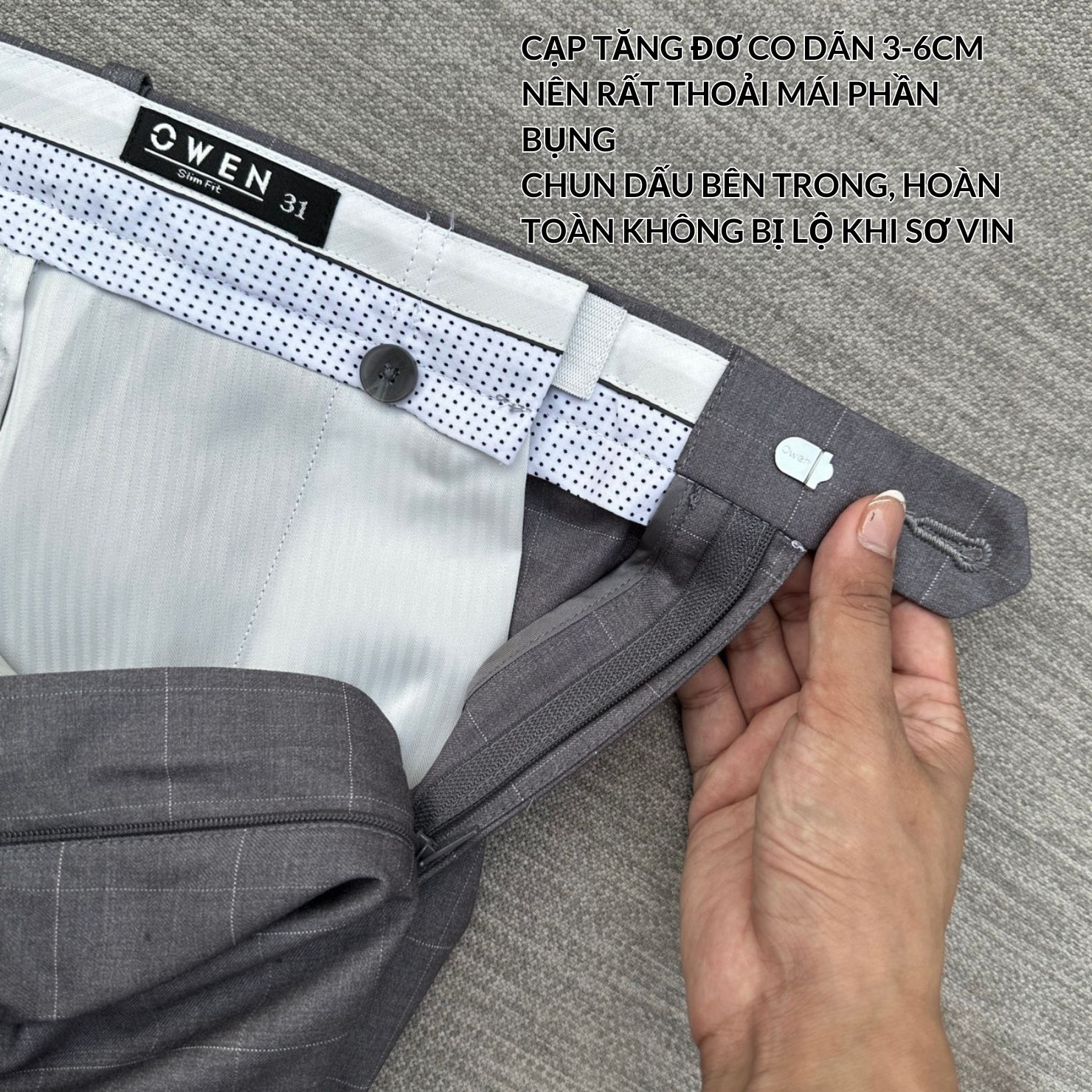 OWEN - Quần âu nam OWEN Slimfit có cạp tăng đơ co dãn màu ghi kẻ ca rô chất Polyester 231262