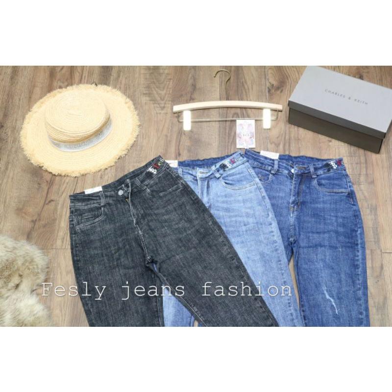 Quần Jeans Nữ Baggy Thêu Cạp Lưng Cao (Ảnh Thật )