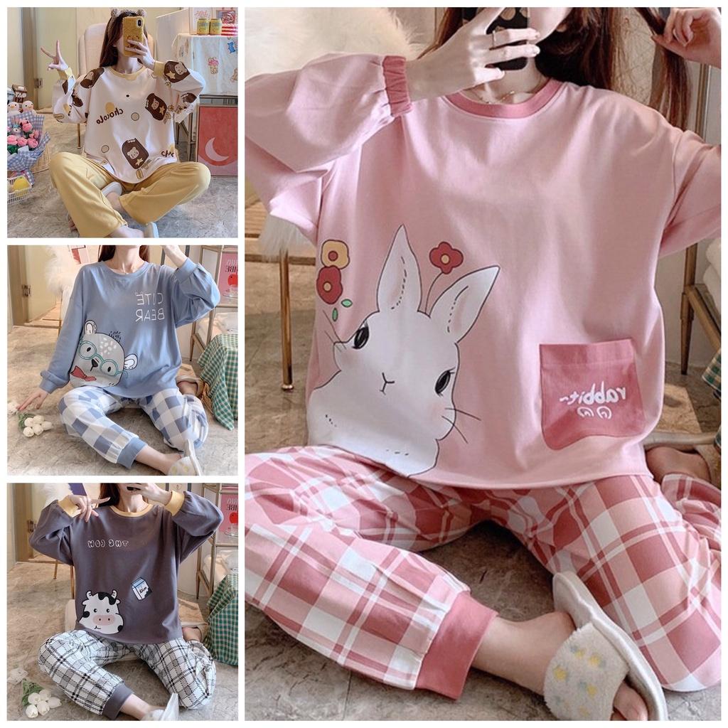 Bộ Mặc Nhà Bộ Ngủ Nữ Chất Thun Cotton Tay Dài Thu Đông Họa Tiết Dễ Thương Thời Trang Cao Cấp