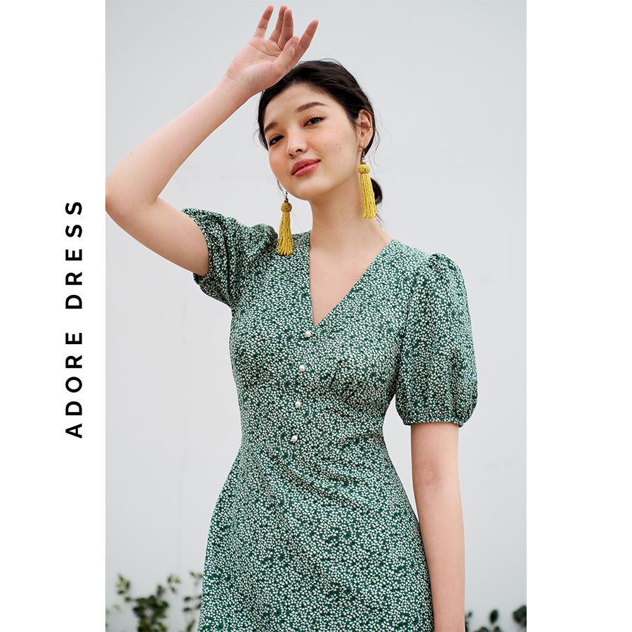 Đầm mini dress thô xốp hoa nhí 2 màu đỏ hồng và trắng xanh  3ASDR1185 ADORE DRESS