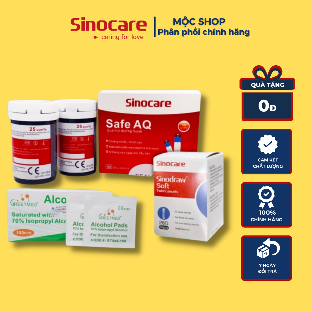 Combo hộp 50 que thử đường huyết và 50 kim lấy máu cho máy đo đường huyết Sinocare Safe AQ