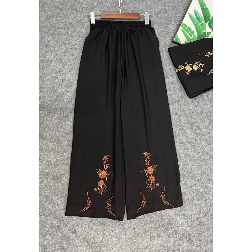 Quần Trung Niên Dáng Suông Cho Mẹ,  Mẫu Quần Dài Nữ Thêu Hoa Trung Niên Ống Rộng Thoải Mái