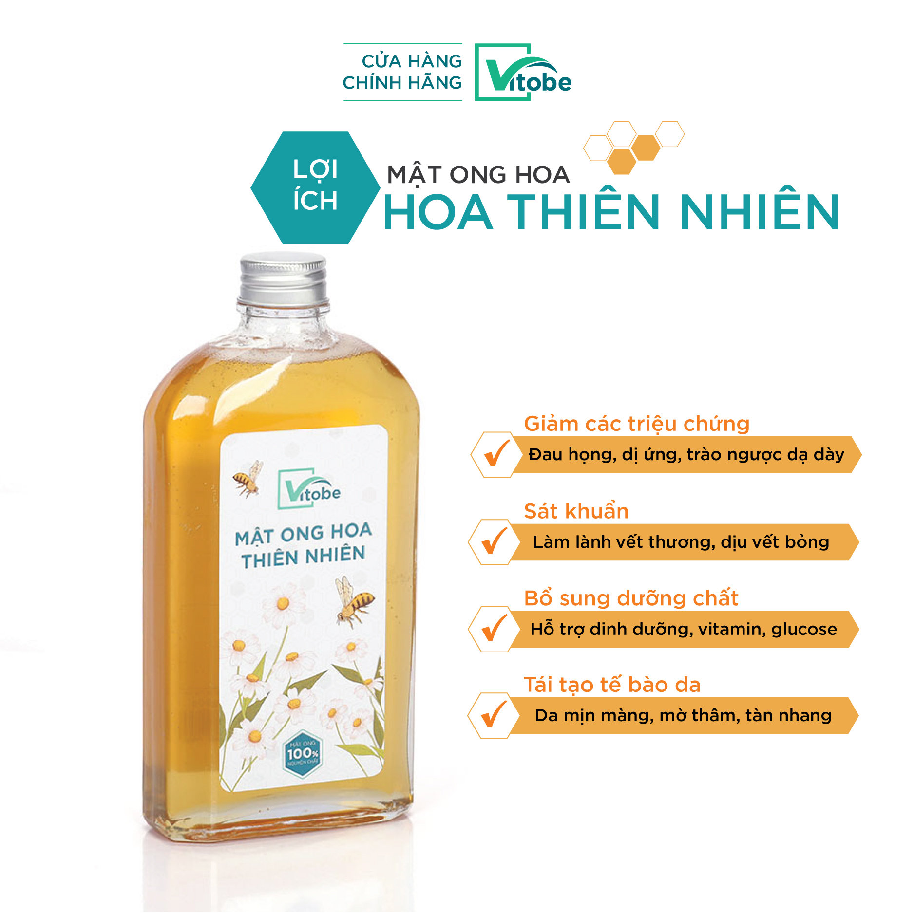 Mật Ong Hoa Thiên Nhiên Vitobe (470gr) - 100% Nguyên Chất &amp; Hữu Cơ