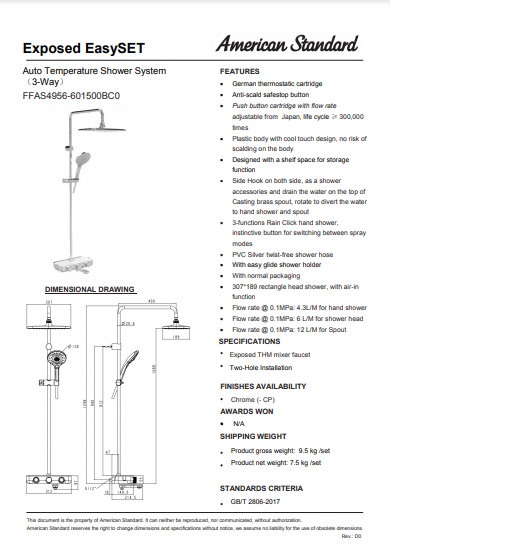 Bộ vòi sen cây tắm đứng cảm biến nhiệt American Standard Easy SET WF-4956 (FFAS4956) Có mỏ xả nước