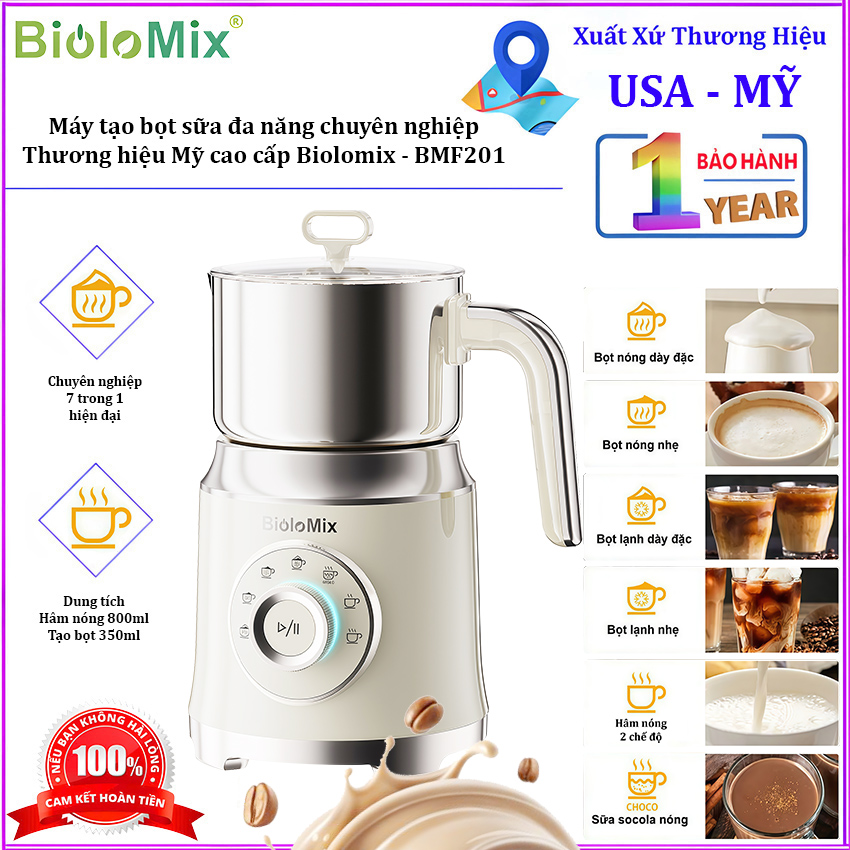 Máy tạo bọt sữa đa năng chuyên nghiệp 7 trong 1. Thương hiệu Mỹ cao cấp Biolomix - BMF201. Hàng chính hãng