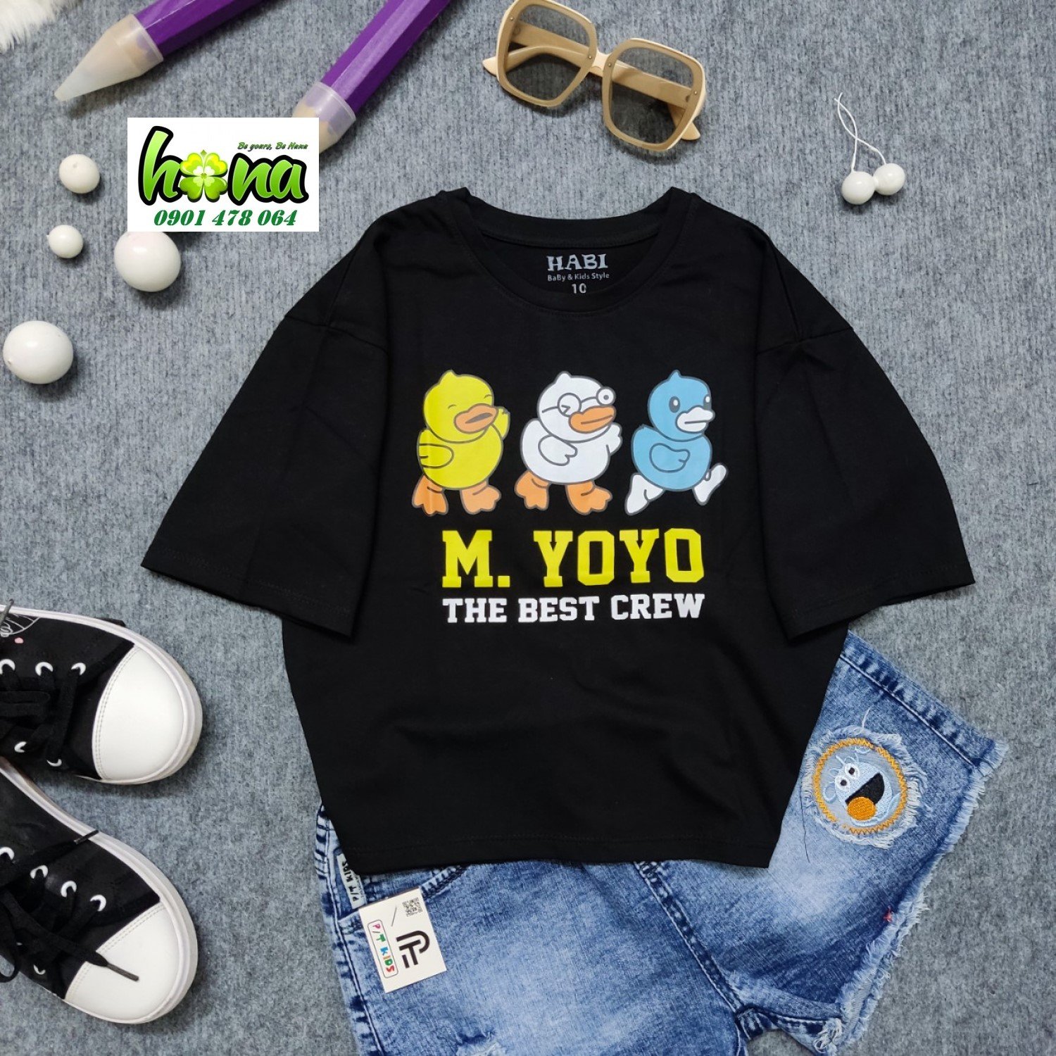 G1115 Áo Thun Đen Croptop Tay Ngắn In Hình 3 Con Vịt Cực Xinh Cho Bé Gái, Thun cotton mịn mát