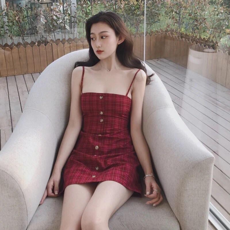 Váy Hai Dây Kẻ Đỏ Thắt Nơ Lưng Siêu Xinh
