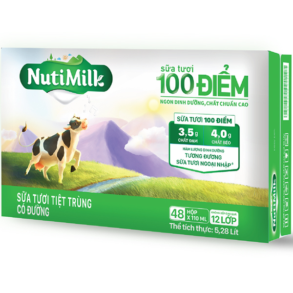 Thùng 48 Hộp NutiMilk Sữa Tươi 100 Điểm - Sữa Tươi Tiệt Trùng Có Đường Hộp 110ml