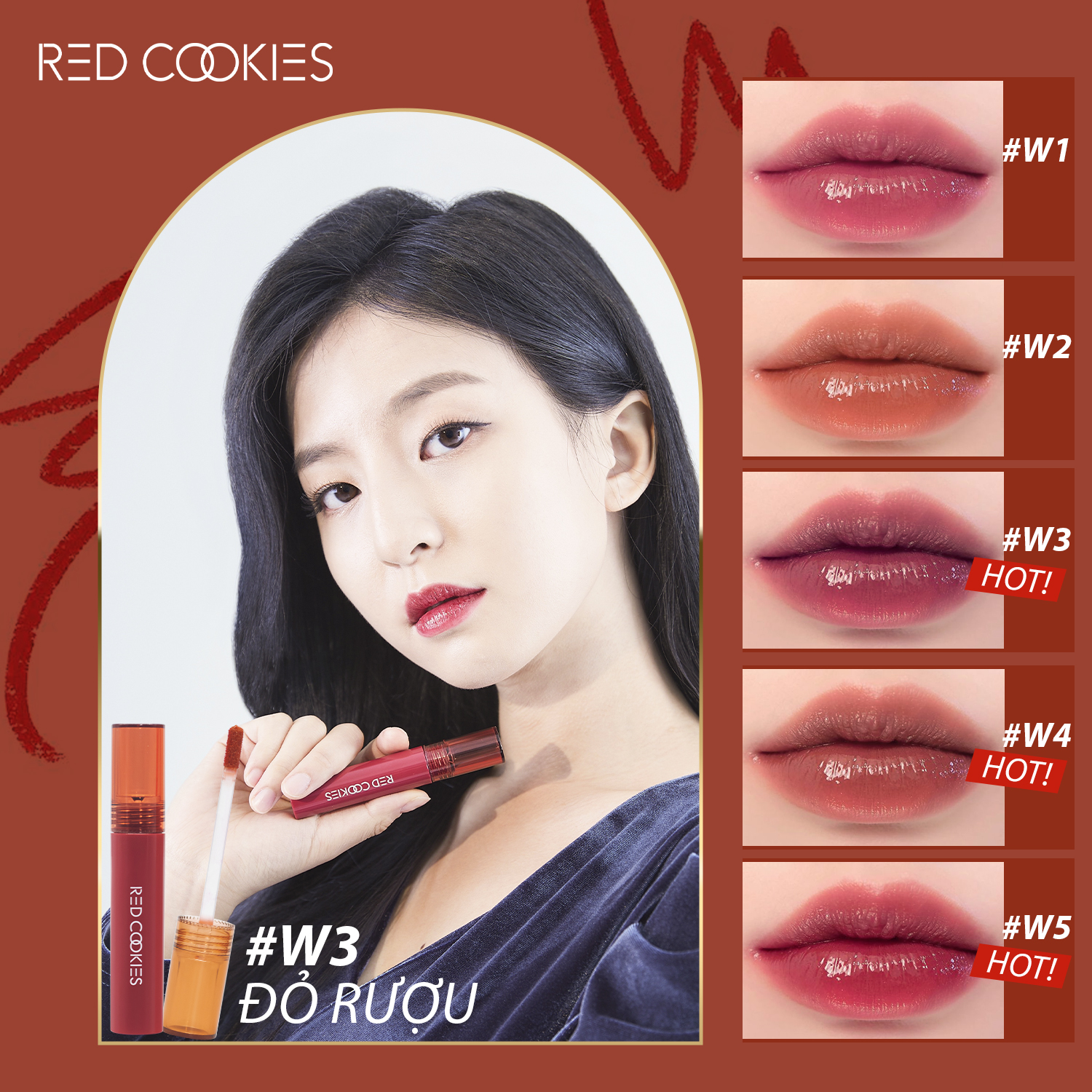 Son Bóng Red Cookies Glow Water Wrap Tint Hàn Quốc Màu W3 - Đỏ Rượu