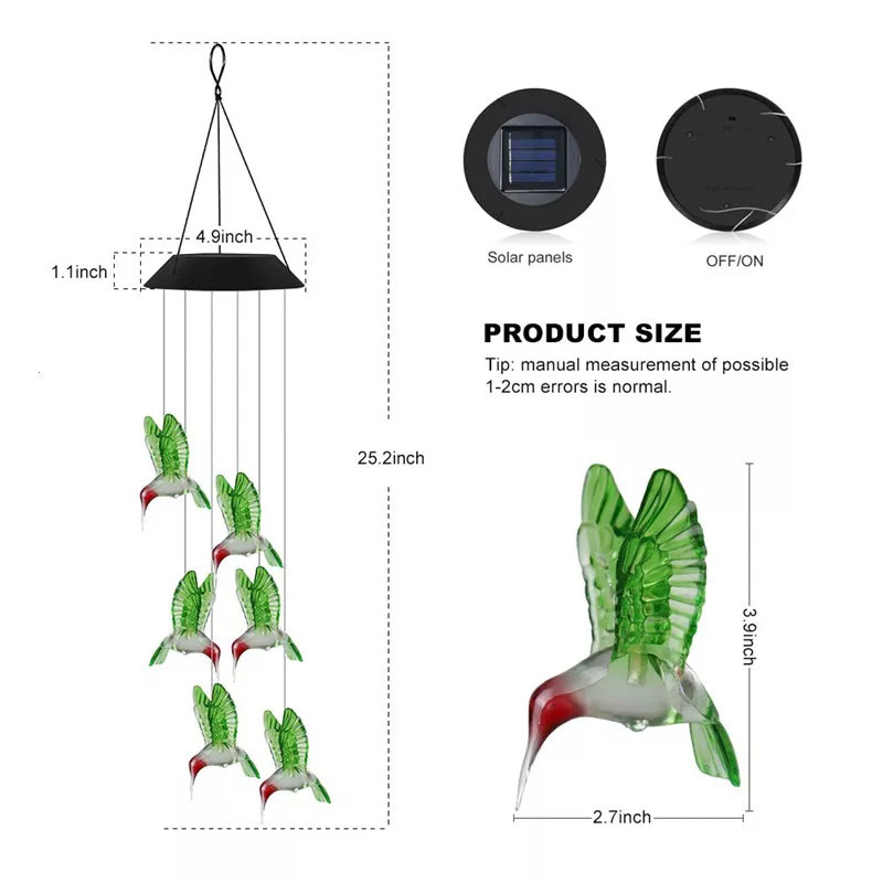 ĐÈN LED Năng Lượng Mặt Trời Đèn Chuông Gió Chim ruồi tự động sáng đổi màu