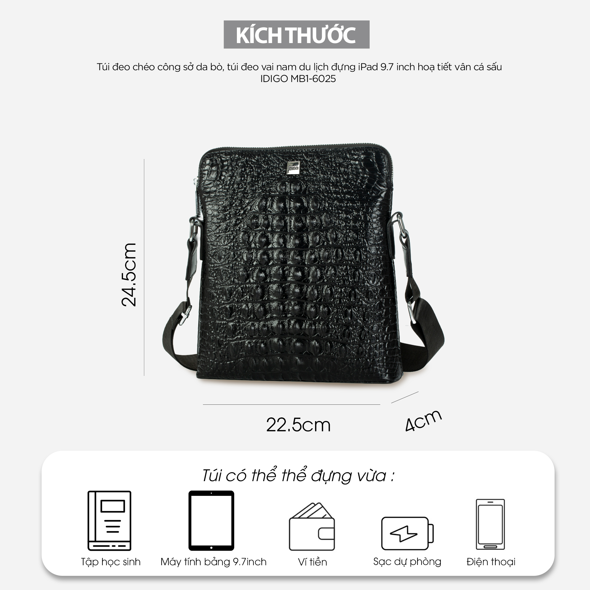 Túi đeo chéo công sở da thật, túi đeo vai nam du lịch đựng máy tính bảng 9.7 inch hoạ tiết vân cá sấu IDIGO MB1 - 6025