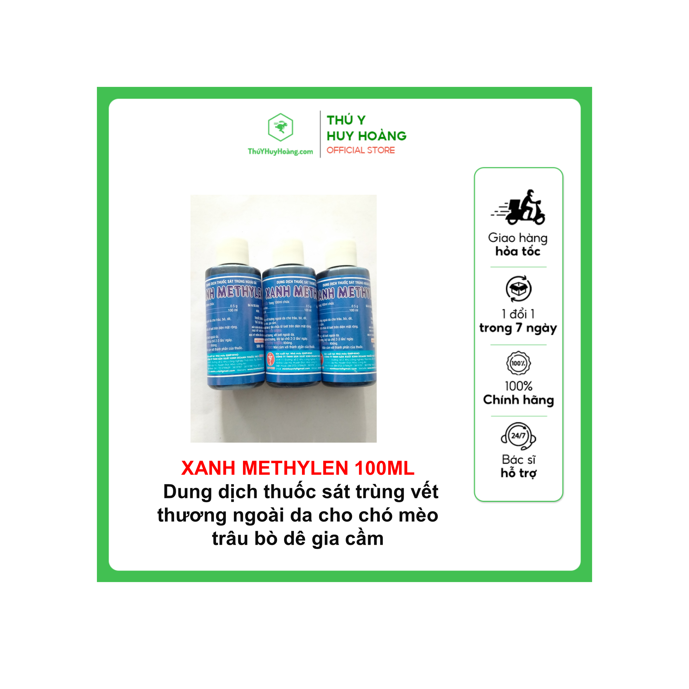 XANH METHYLEN 100ML Dung dịch thuốc sát trùng vết thương ngoài da cho chó mèo trâu bò dê gia cầm