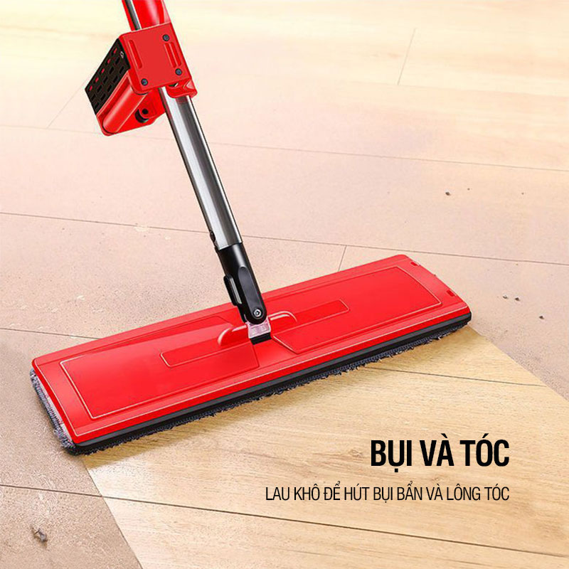 Cây lau nhà tự vắt Kitimop-Red bàn lau lớn 38cm, con lăn trợ lực, thanh thép không gỉ, khớp xoay 360 độ, 2 bông lau