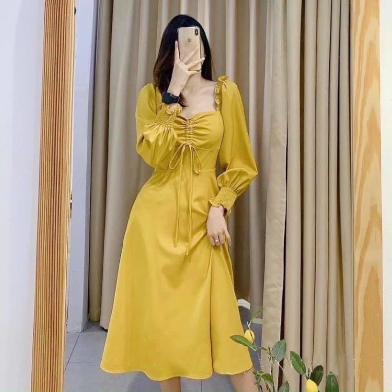 X2 Đầm vàng dự tiệc nhúng ngực tay dài váy xòe cổ tim dịu dàng đi chơi đi làm 3 màu