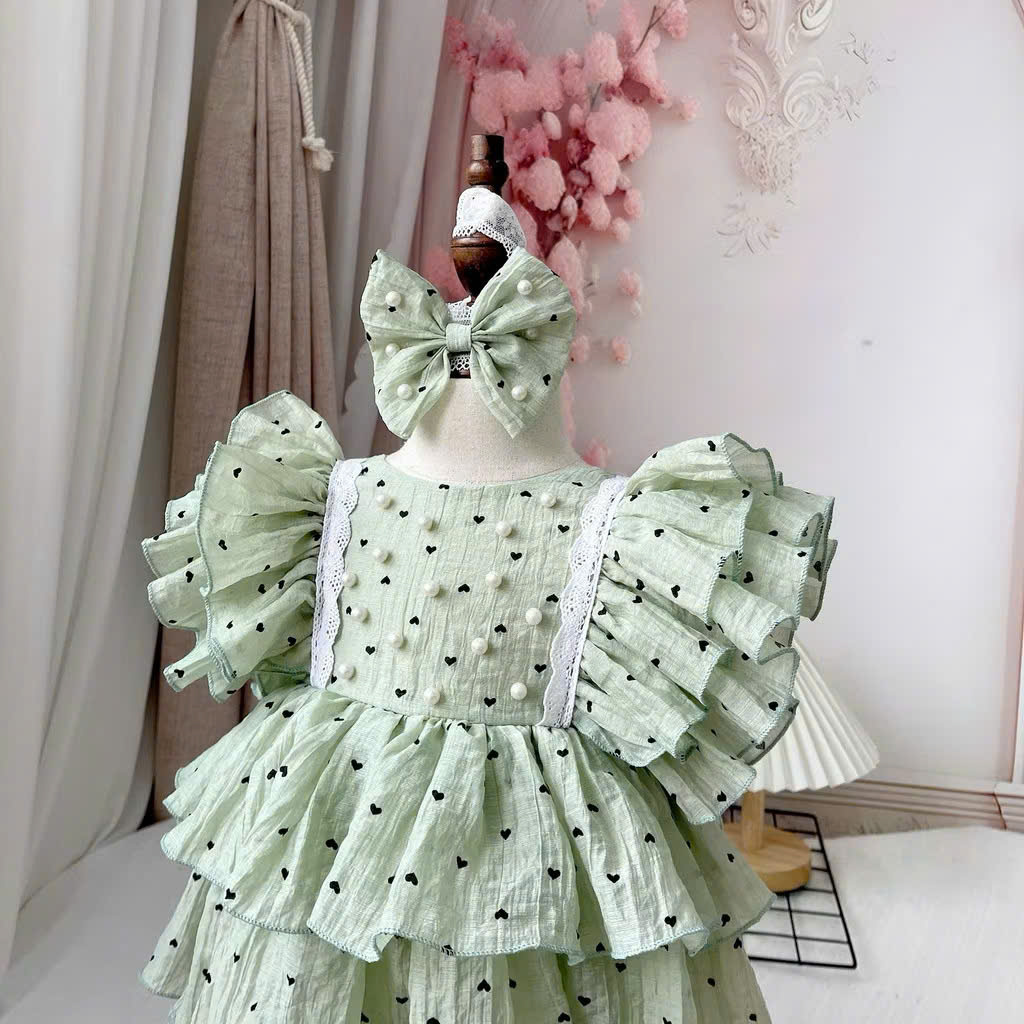 SET BODY VÁY CHẤM BI TIM MÀU XANH KÈM BĂNG ĐÔ CHO BÉ GÁI SƠ SINH 1 2 TUỔI TỪ 3-11KG DÀNH CHO BÉ GÁI