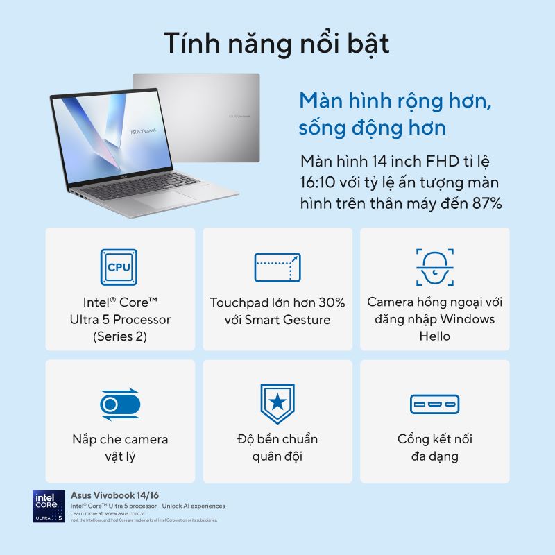 Asus Vivobook 14 A1407CA-LY008WS (Intel Core Ultra 5 225H | 16GB | 512GB | Intel Arc | 14 inch WUXGA IPS | Win 11 | Office | Bạc) - HÀNG CHÍNH HÃNG