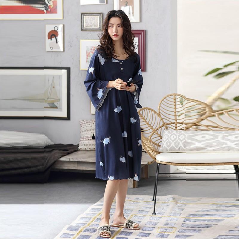 Váy ngủ, đầm ngủ thun cotton mềm mịn co giãn dáng lỡ tay buông họa tiết
