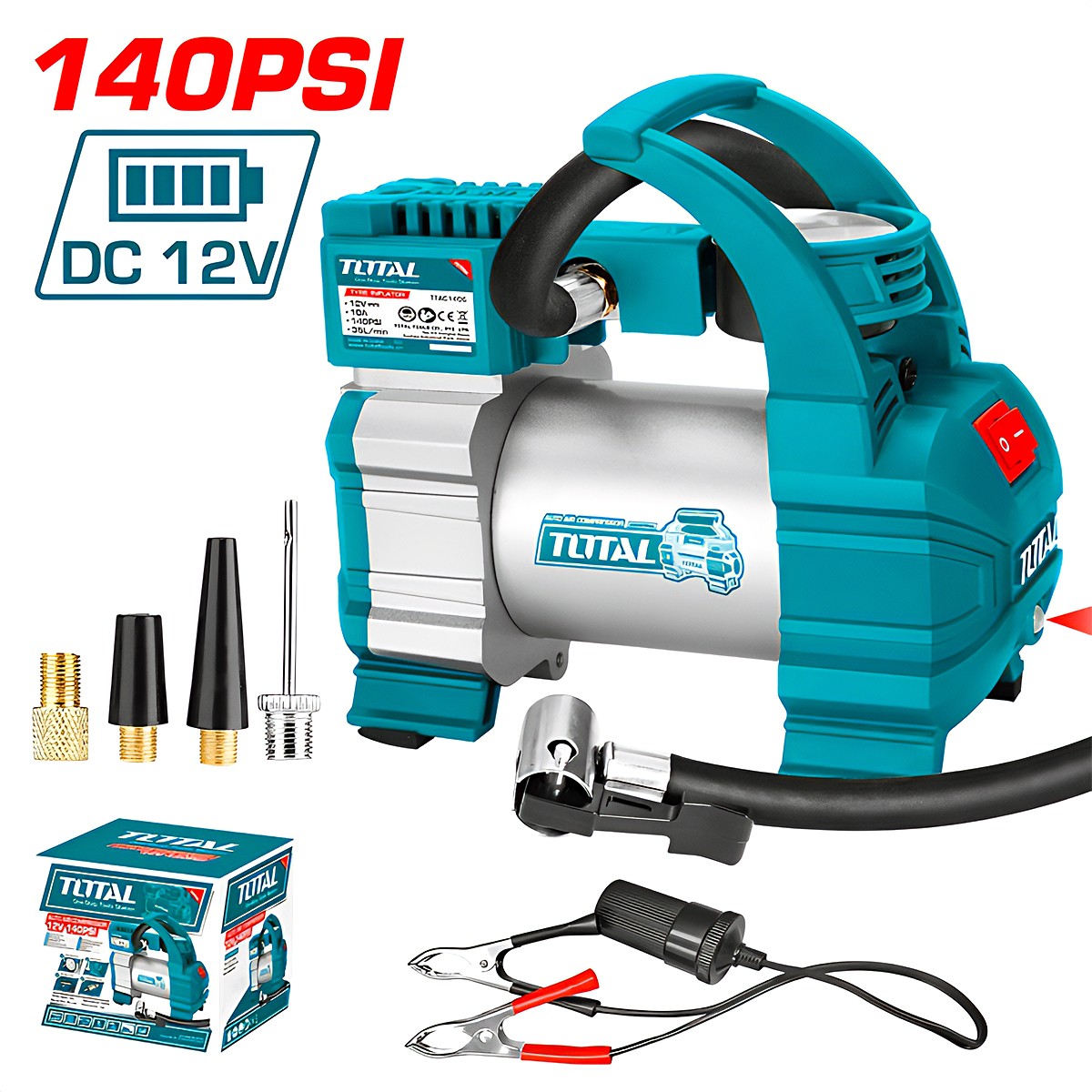 Máy bơm lốp, bánh xe đa năng nguồn 12v có cáp nối bình TOTAL TTAC1406 - Dây dài 3m, có đèn Led, Áp suất đến 140 PSI - Tốc độ 247