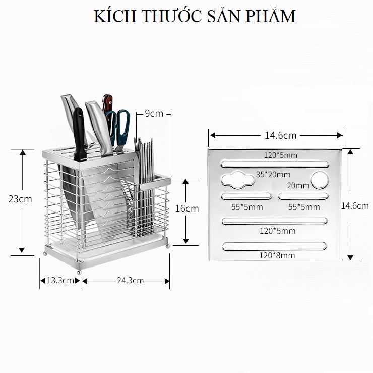 Kệ Để Dao Kéo Thìa Dĩa Nhà Bếp Kèm Ống Đũa Inox 304 Cao Cấp - Chống Gỉ Sét, Sáng Bóng, Sang Trọng