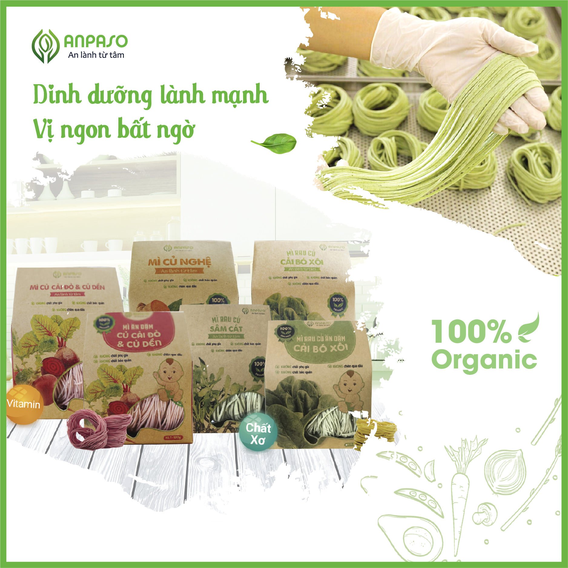 Mì Rau Củ Ăn Dặm Cải Bó Xôi Organic Anpaso 120g