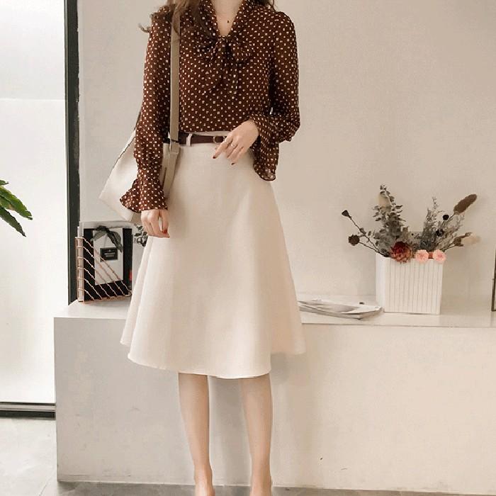 Áo sơ mi nữ chấm bi cổ thắt nơ, hàng nhập Quảng Châu