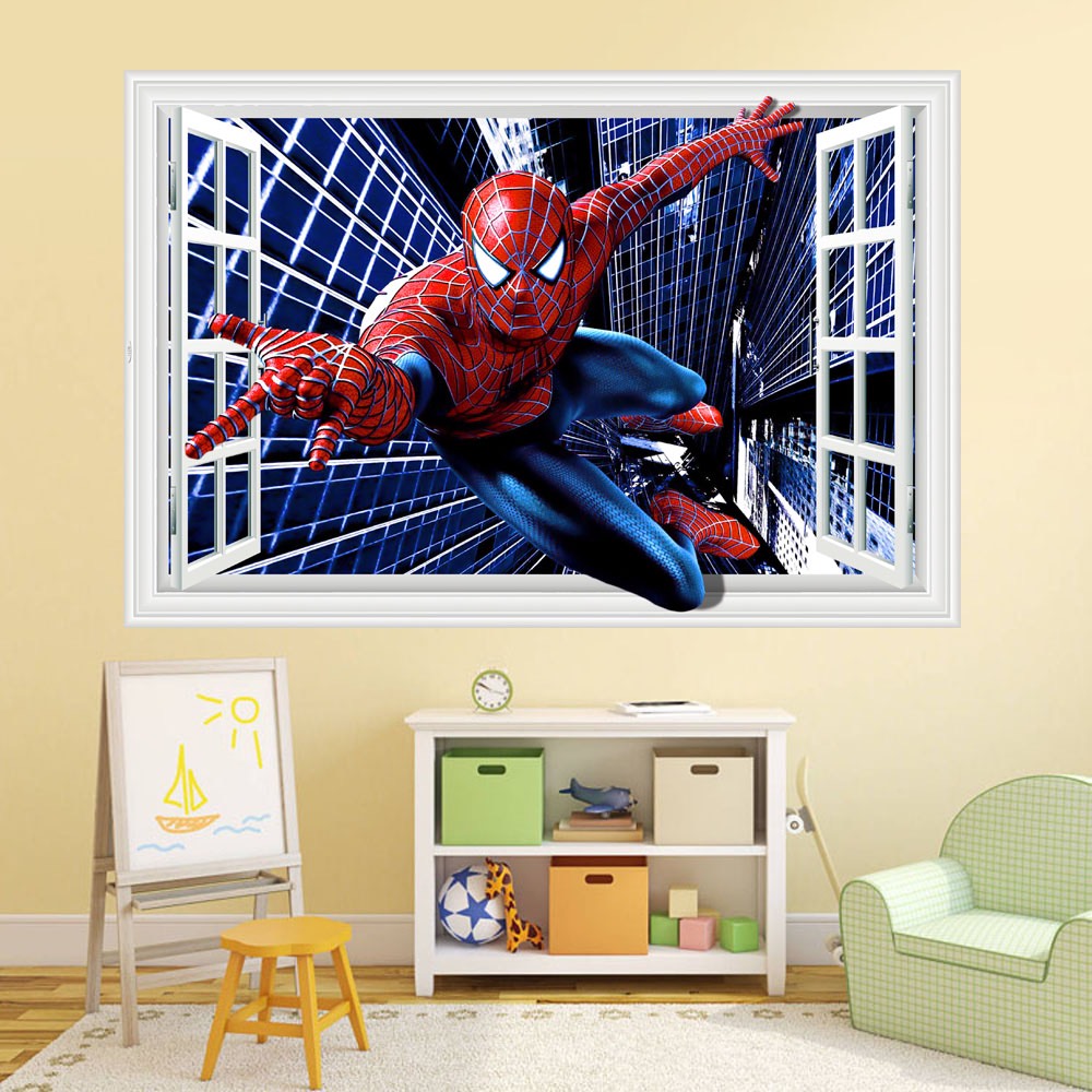 Decal trang trí tường - Cửa sổ 3D người nhện đỏ