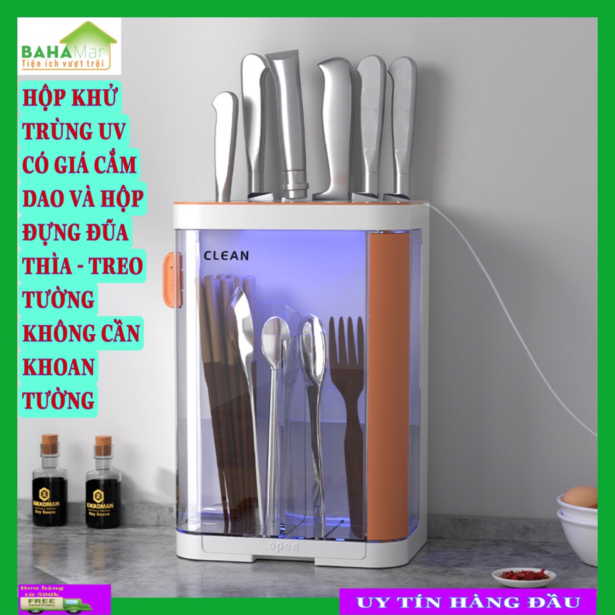 HỘP KHỬ TRÙNG UV CÓ GIÁ CẮM DAO VÀ HỘP ĐỰNG ĐŨA THÌA - TREO TƯỜNG KHÔNG CẦN KHOAN TƯỜNG "BAHAMAR"Có các hạt đèn khử trùng tia cực tím sâu UVC giúp khử trùng toàn diện hơn.