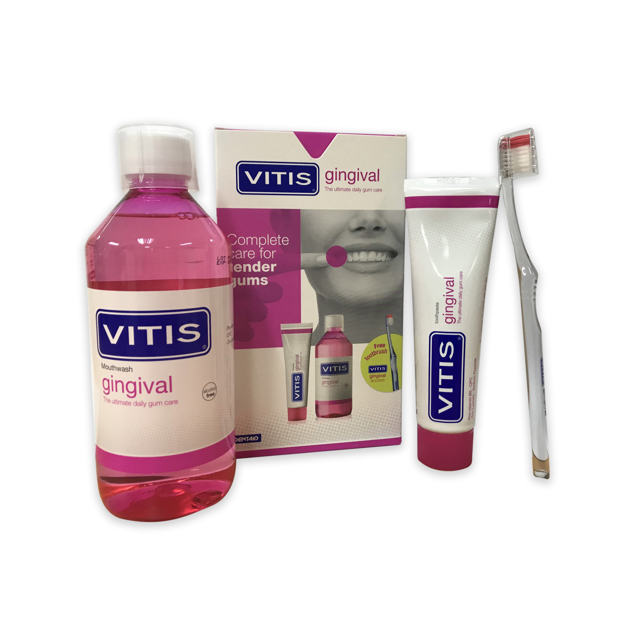 Bộ chăm sóc răng miệng dành cho nướu nhạy cảm Vitis Gingival Mixed Pack (Nước súc miệng 500ml, kem đánh răng 100ml và bàn chảil, dùng được cho phụ nữ mang thai, cho con bú)