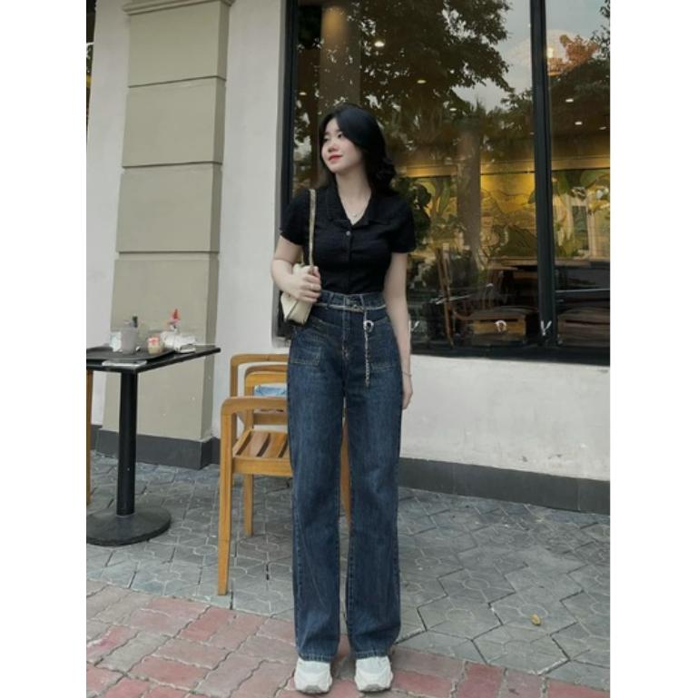 Quần jeans xuông ống rộng kèm dây xích cạp cao thời trang NIEVE