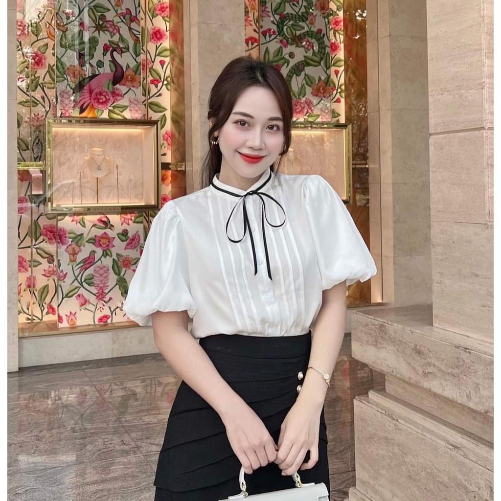 Sét chân váy + áo sơ mi tay phồng công sở