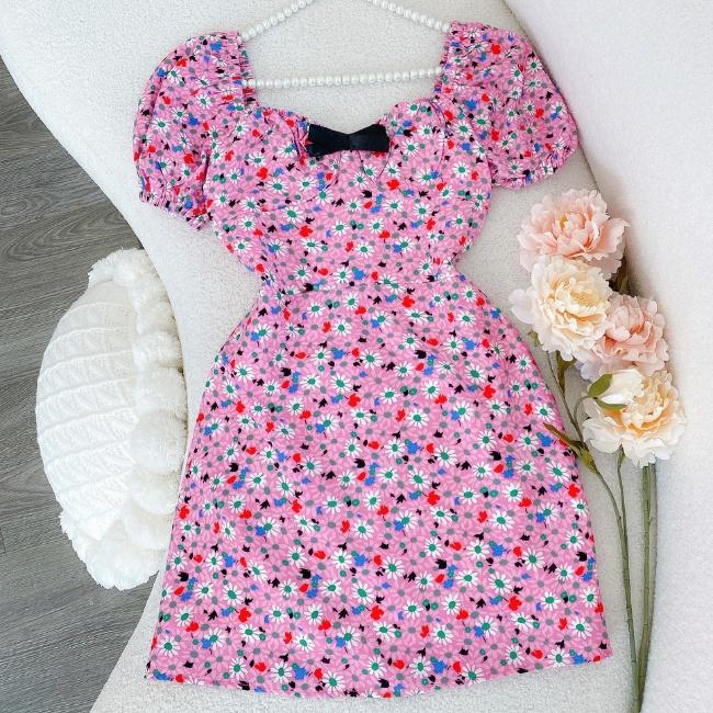 ĐẦM HOA HỒNG XOÈ ĐÍNH NƠ ĐEN 1 MÀU