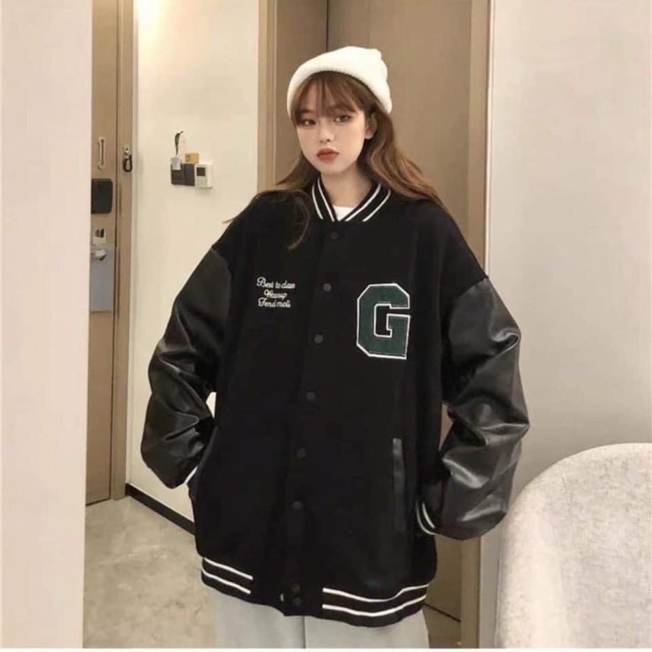 Áo khoác thu đông nam nữ kiểu bomber phối tay da chữ G cúc bấm trẻ trung cá tính/ Áo nỉ dáng rộng ulzzang siêu hàn quốc
