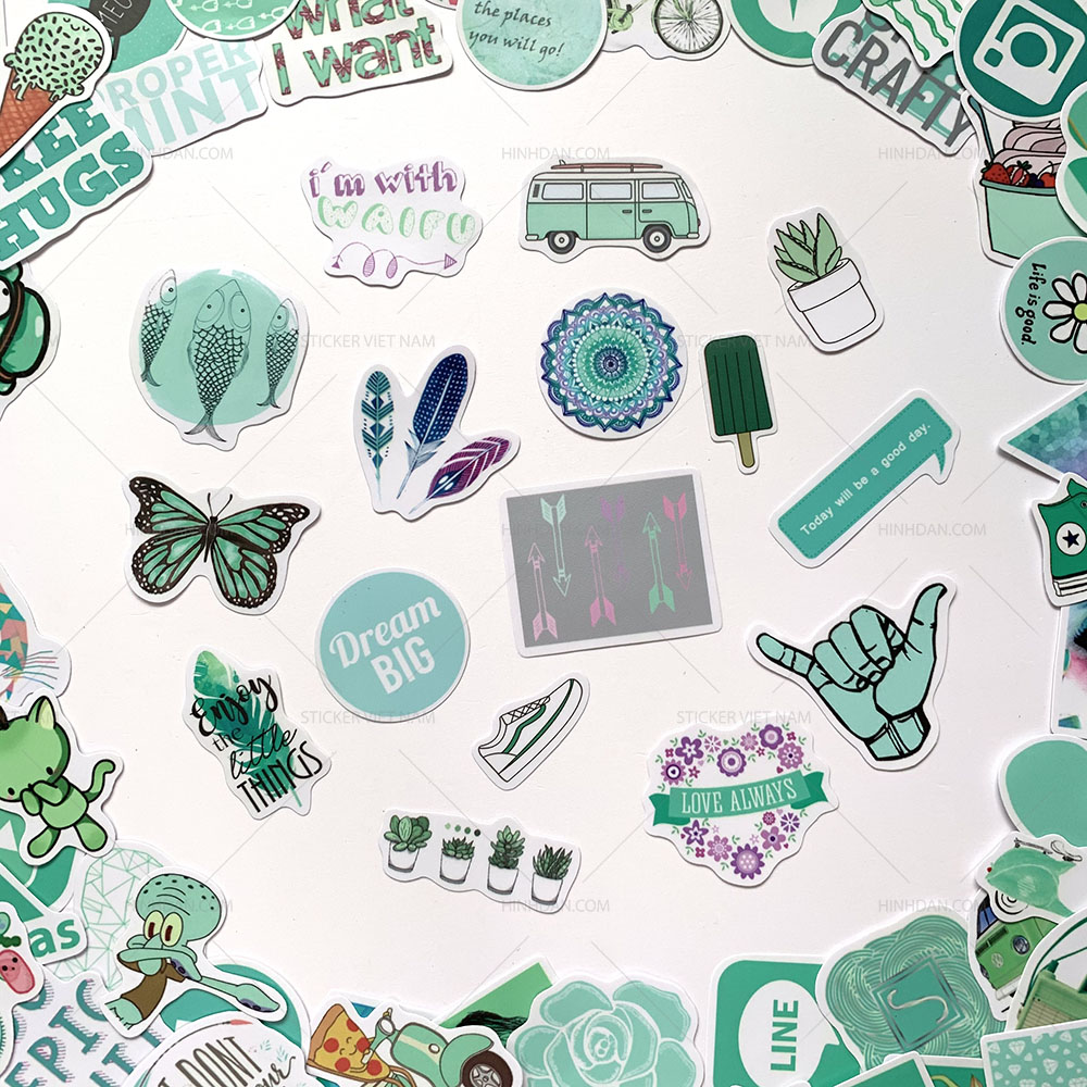 Sticker Mint - Màu Xanh Bạc Hà - Chất Liệu PVC Chất Lượng Cao Chống Nước - Kích Thước 4-8cm