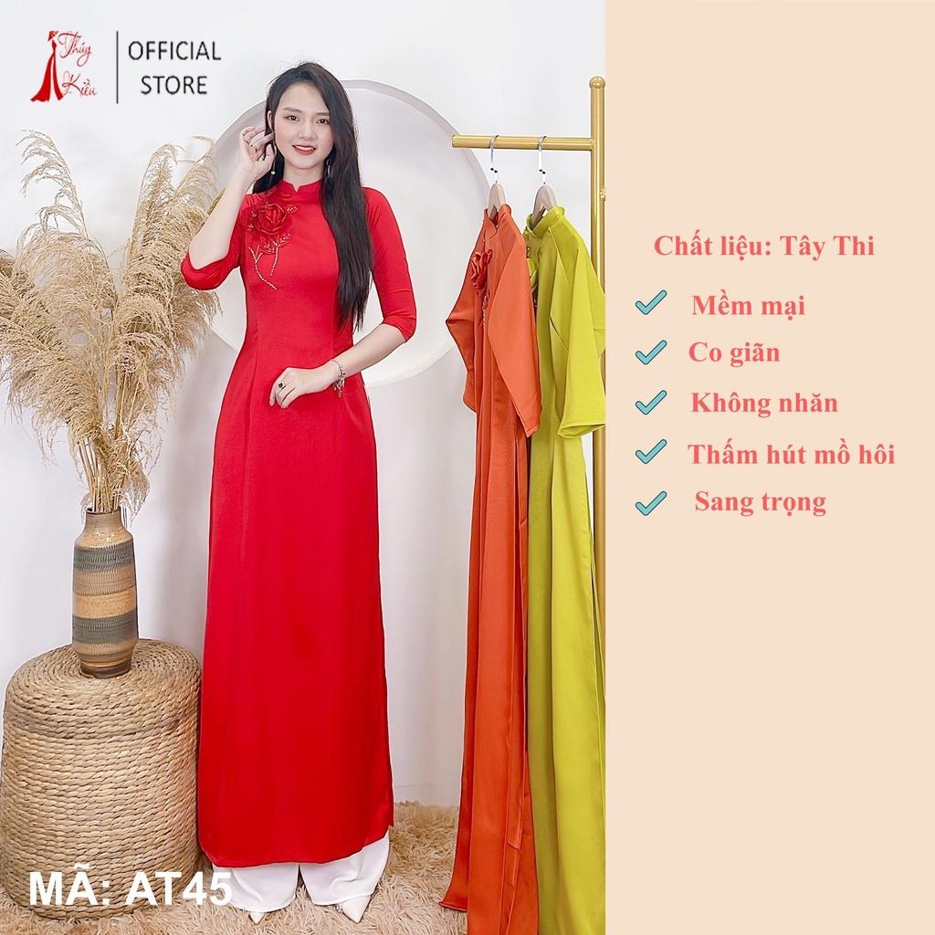 Áo dài lụa Tây Thy nền đỏ đính nhành hoa AT45 mềm mại, co giãn, áo dài giá rẻ
