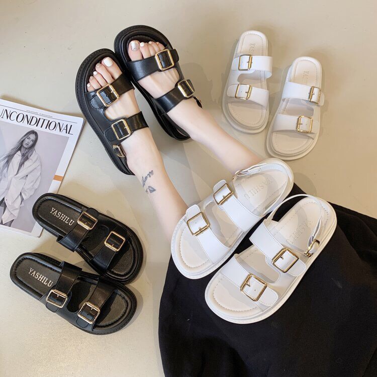 Dép sandal đế bằng nữ , dép lê bánh mỳ quai khóa vuông siêu dễ thương đi chơi đi học siêu cute