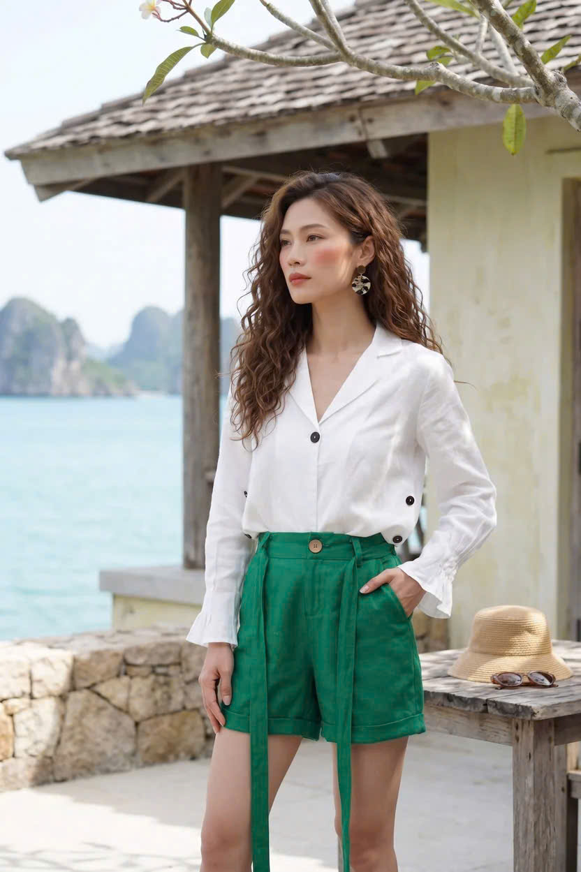 Quần Short Nữ Linen Xanh Lá Pan011 Thời trang Hity