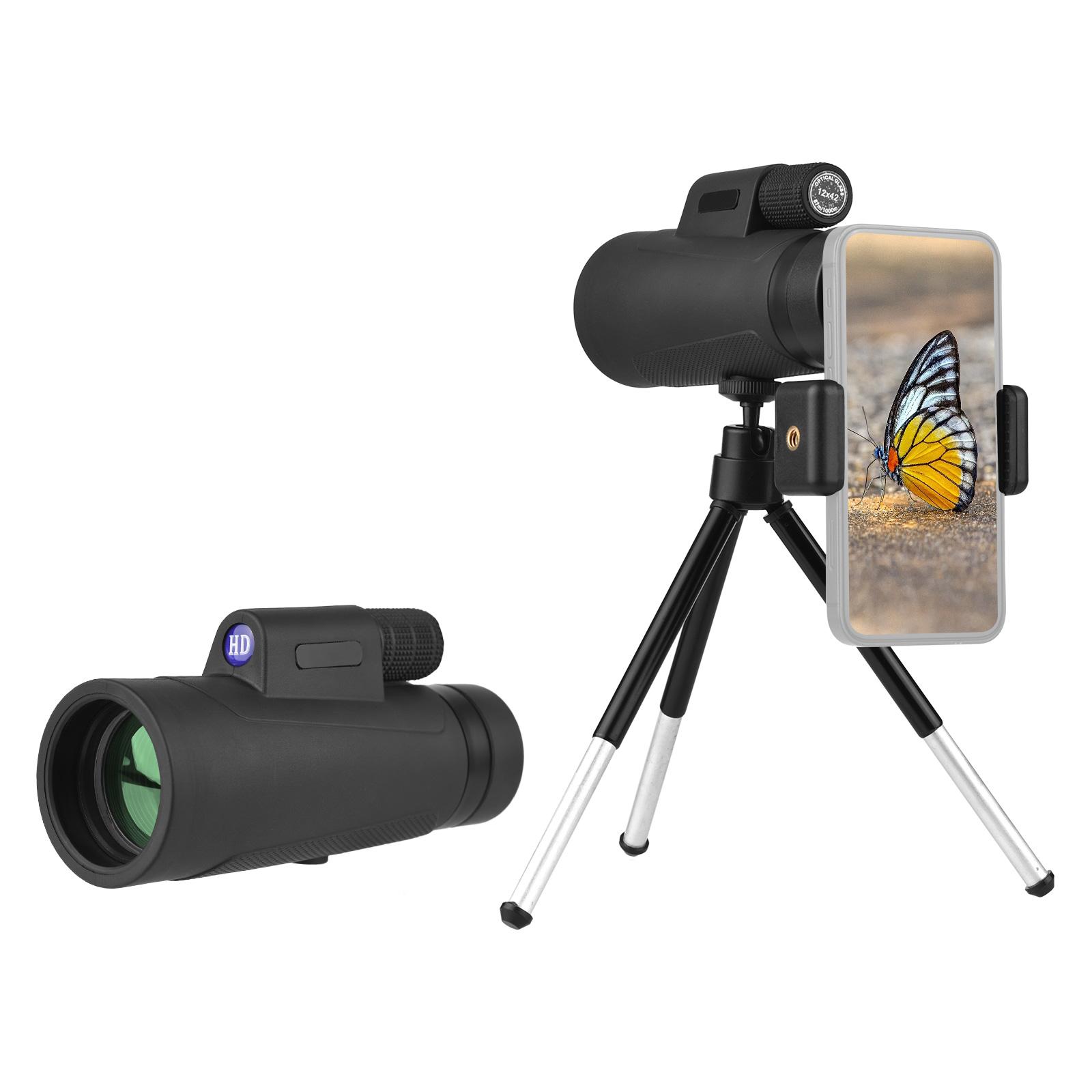 12X42 HD Monocular Telescope Optical Lens Waterproof Fogproof with Adjustable Mini Tripod Universal Phone Holder