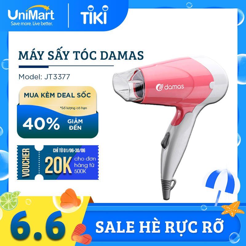Máy Sấy Tóc Hairdryver Tạo Kiểu Đa Năng Tiện Lợi Nhỏ Gọn Damas - Thiết Kế Mới Gập Gọn Tay Cầm - Màu Hồng - Hàng Chính Hãng