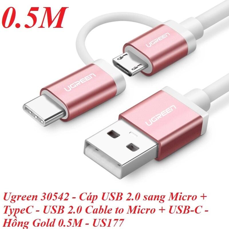 Ugreen UG30542US177TK 0.5M màu Hồng Cáp USB-A sang Micro USB + USB-C cao cấp - HÀNG CHÍNH HÃNG