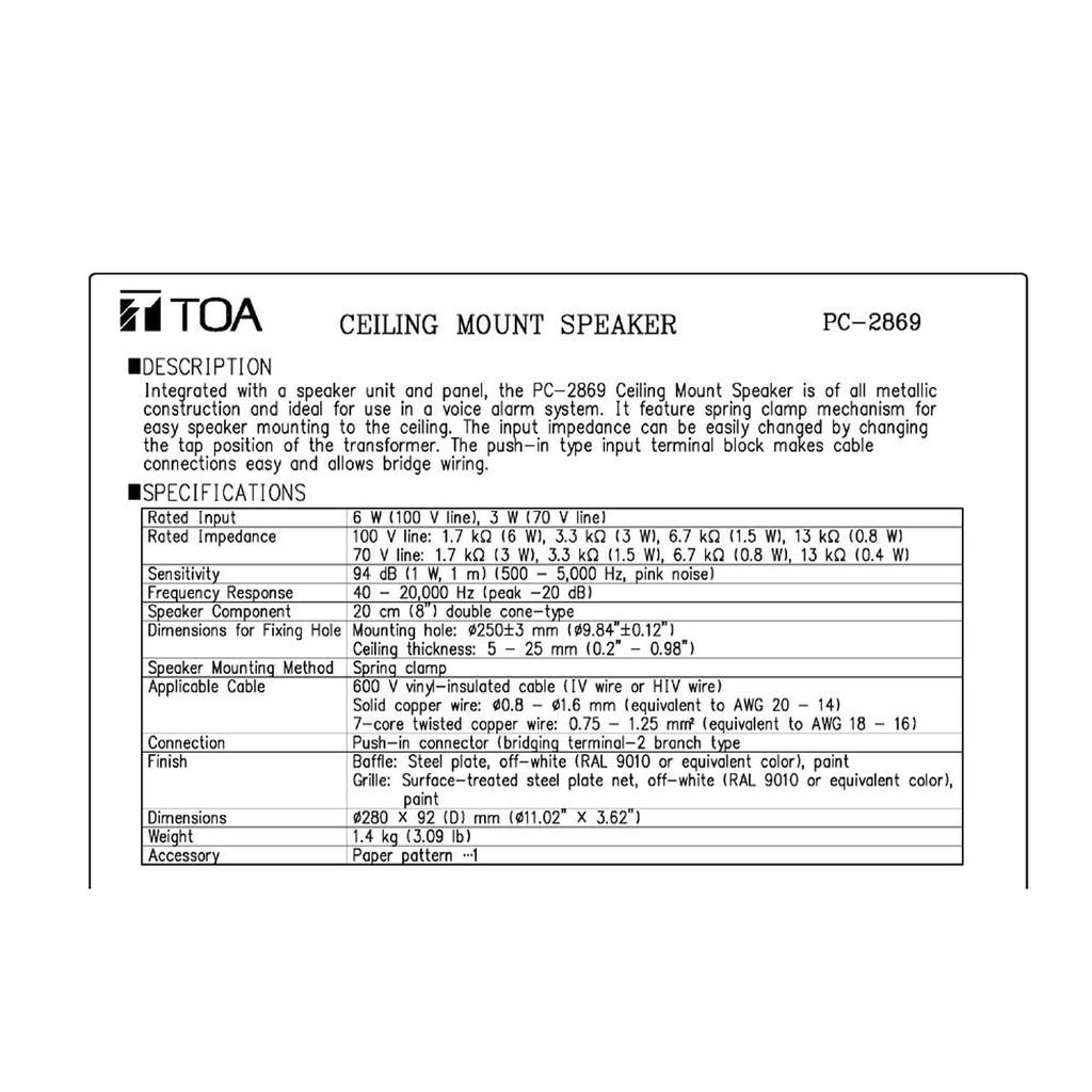 Loa âm trần 15W TOA PC-2852 (Hàng chính hãng)