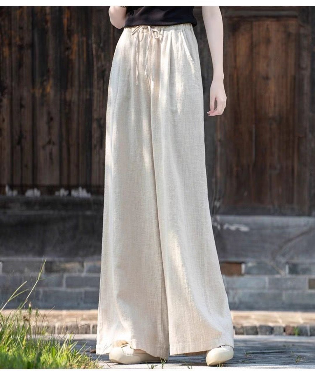 Quần dài linen ống rộng lưng cao YOLINEN cạp thun cột dây cao cấp nhiều màu QD08