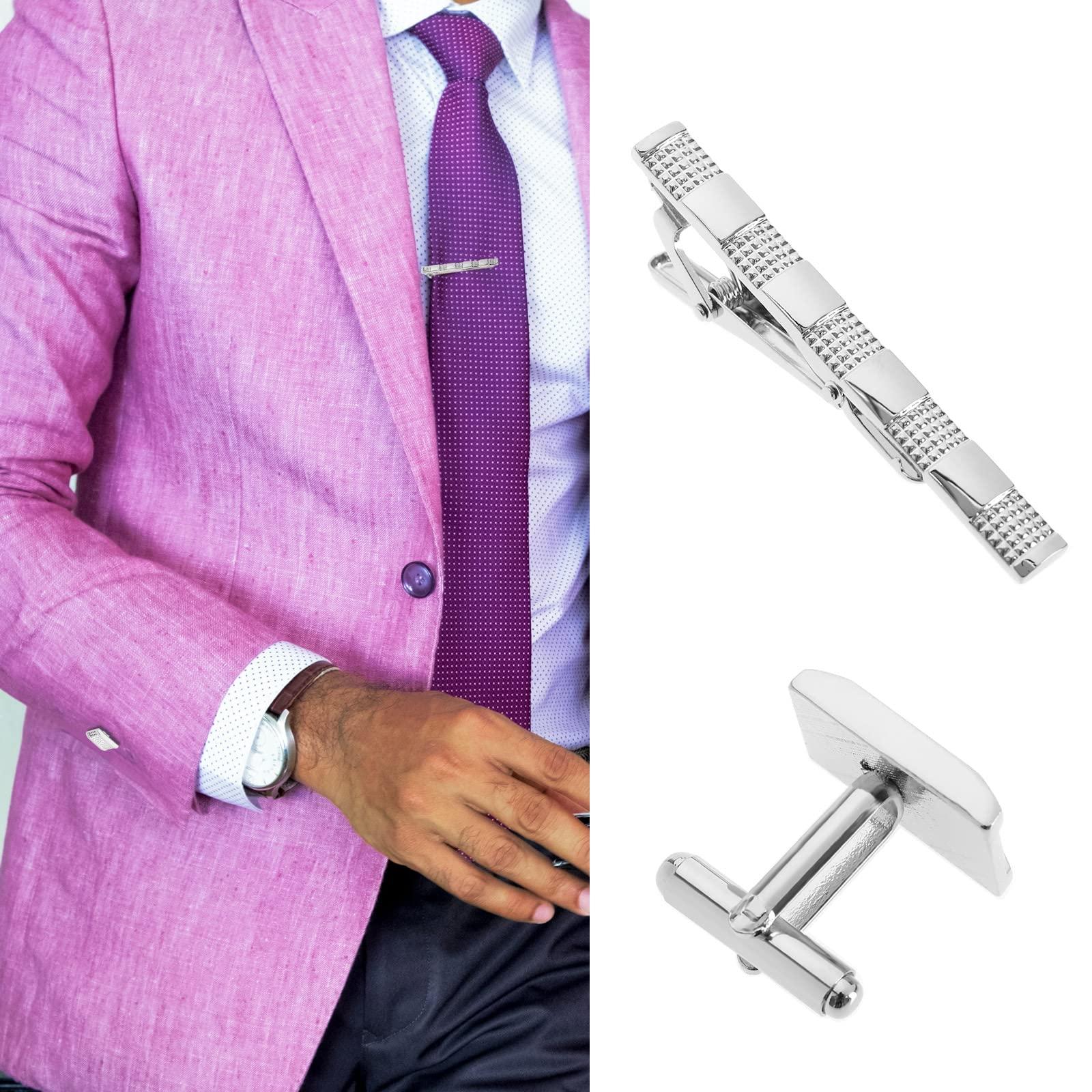 Tập hợp 3 kìm cà vạt và những chiếc cufflinks cho nam giới - cho tiệc cưới, cuộc họp kinh doanh, Ngày của Cha, Ngày Valentine - Bạc, Bạc.