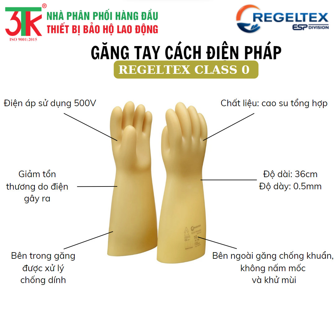 Găng Tay Cách Điện Hạ Áp Regeltex Class 00 điện áp sử dụng tối đa 500V