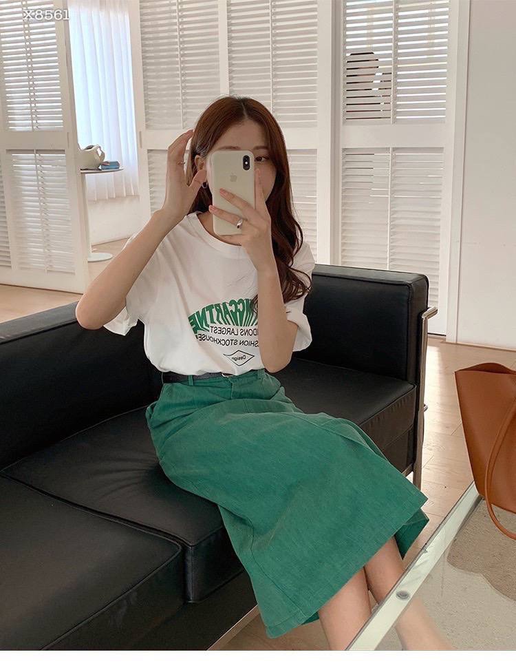 SET CHÂN VÁY DÀI LƯNG CAO SUÔNG TRƠN XẺ TRƯỚC XANH LÁ + ÁO THUN FORM RỘNG ĐI BIỂN DẠO PHỐ DỰ TIỆC