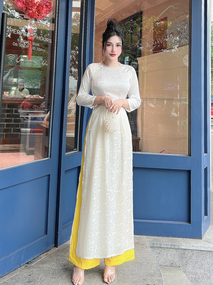 Áo dài gấm lụa hoa hồng viền cổ dễ thương AD018 - Lady Fashion