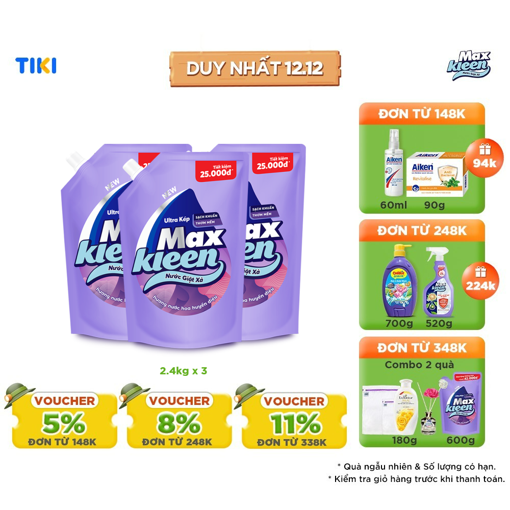 Combo 3 Túi Nước Giặt Xả Maxkleen Hương Nước Hoa Huyền Diệu (2.4kg/túi)