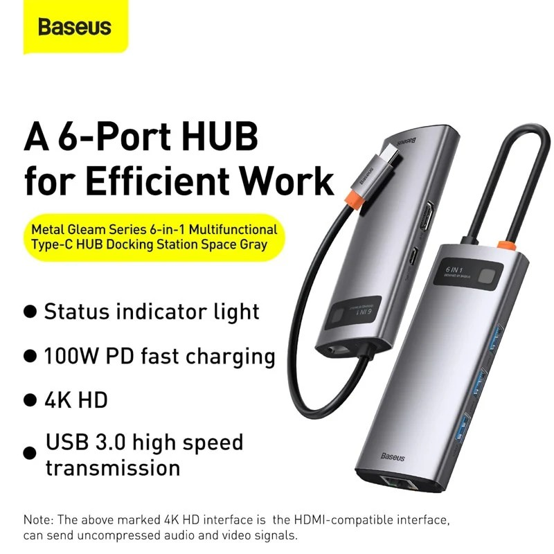 Hub chuyển đổi USB Type-C 6 in 1 sạc nhanh 100W ra 3 cổng USB 3.0, LAN RJ45, HDMI 4K hiệu Baseus Metal Gleam Series sạc nhanh chuẩn PD 3.0 cho Macbook / Laptop - hàng nhập khẩu