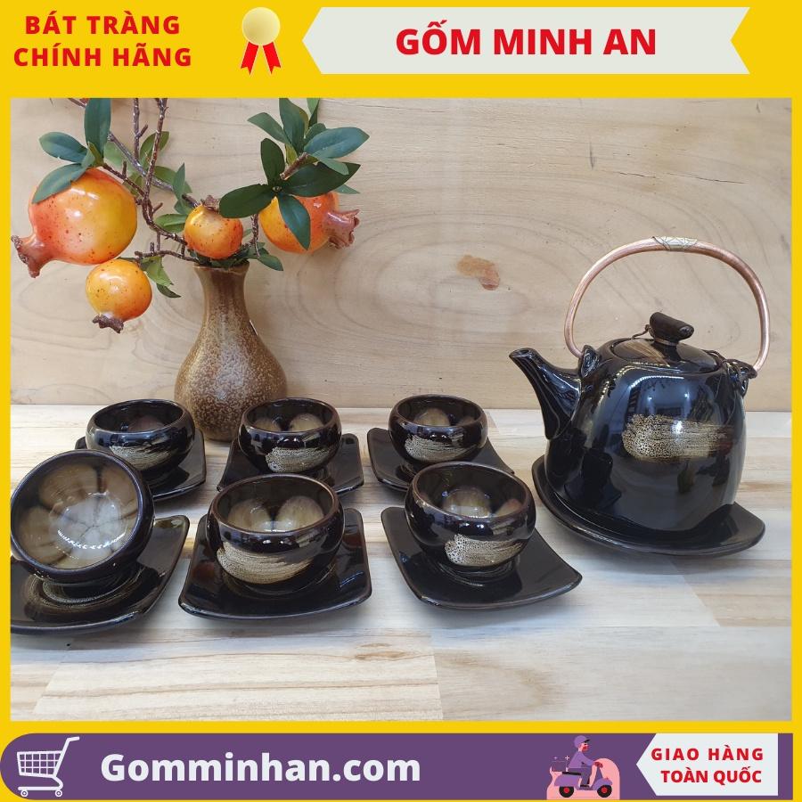 Bộ ấm trà gốm sứ Bát Tràng đẹp Bộ ấm chén sứ màu cà phê xước, chén vẽ lòng hoa- Gốm Minh An